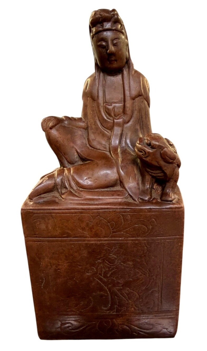 Antique Chinese Soapstone Guanyin Foo Dog Sculpture Gemstone Fan Co 7.75"